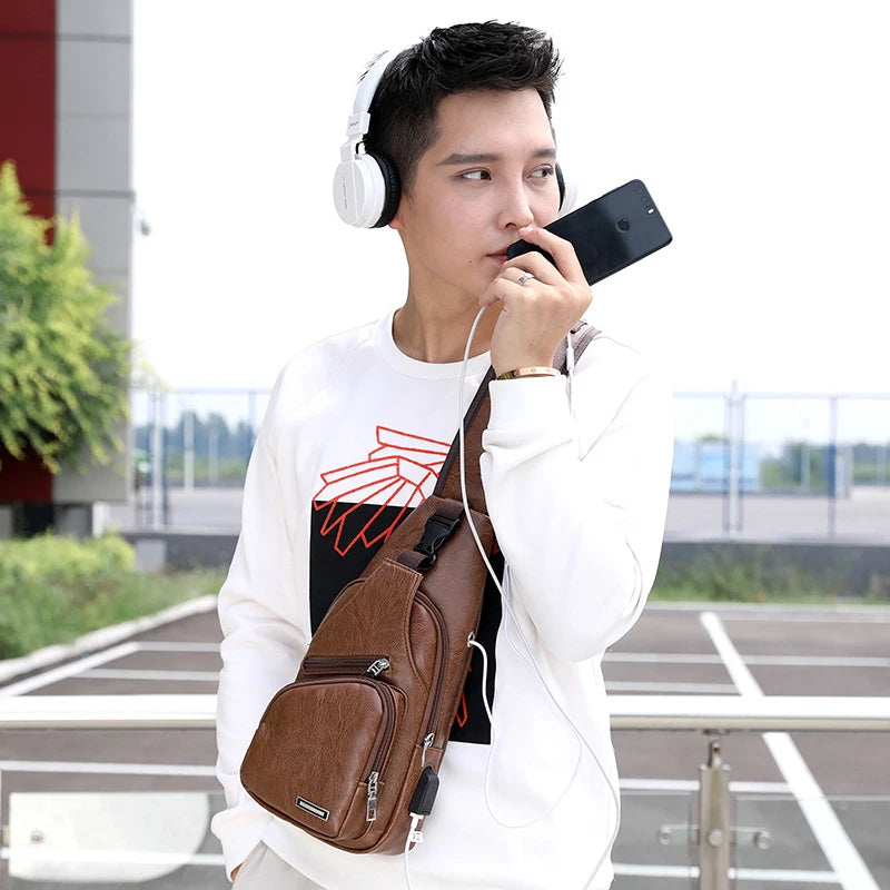 Mini USB Interface Mens Casual Sling Bag Outdoor Travel Pack