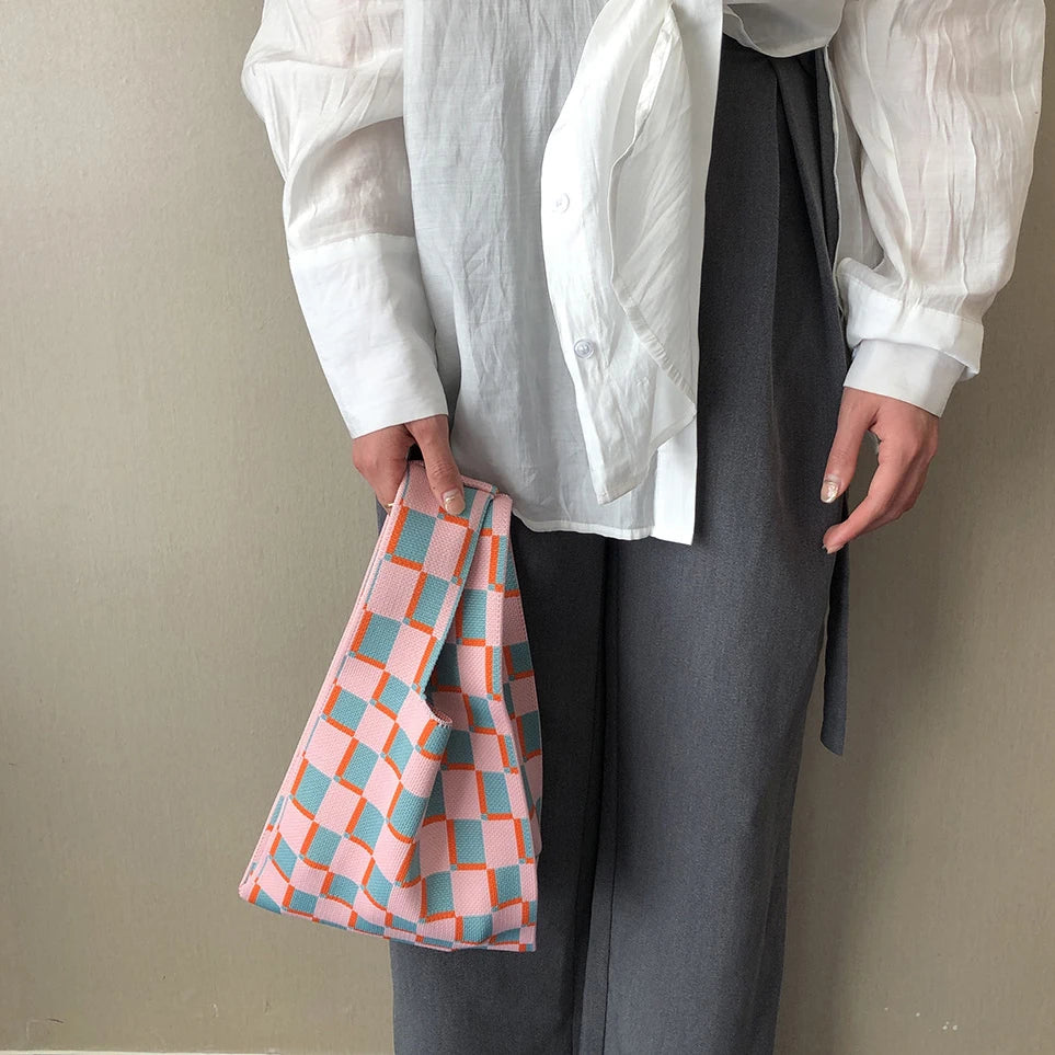 Knitted Checkerboard Mini Women Purse Handbag Tote Bag