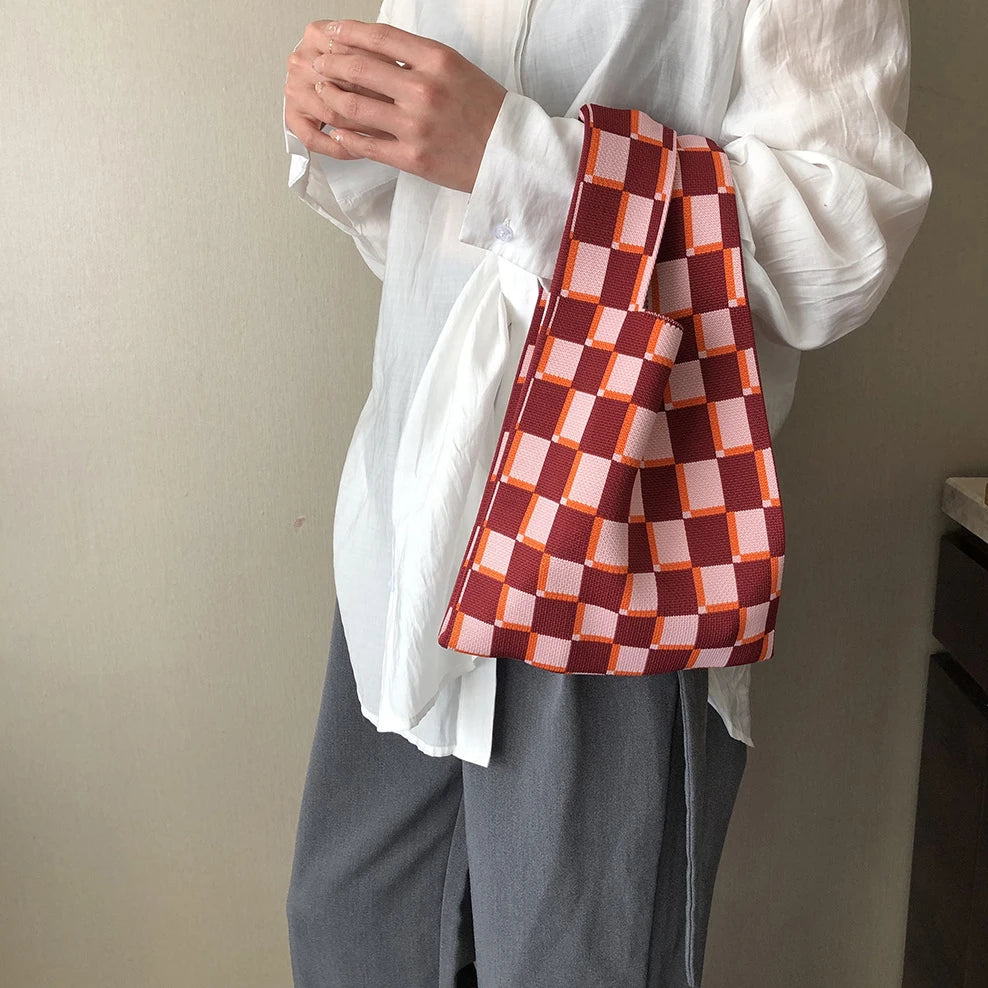Knitted Checkerboard Mini Women Purse Handbag Tote Bag