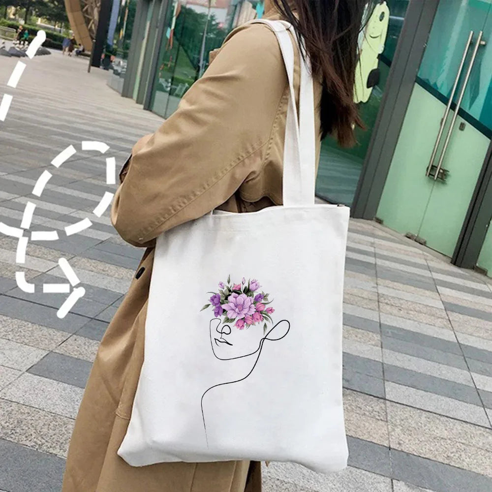 Minimal Rose Flower Butterfly Women Canvas Shopper Bags Cotton Handbags Totes