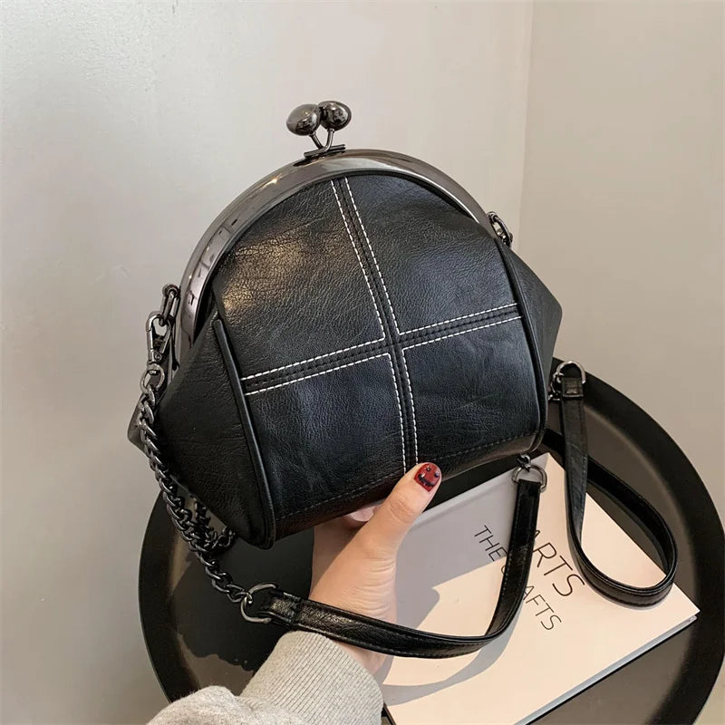 Minimalist PU Leather Shoulder Bag with Chains Crossbody Messenger Lady Handbag