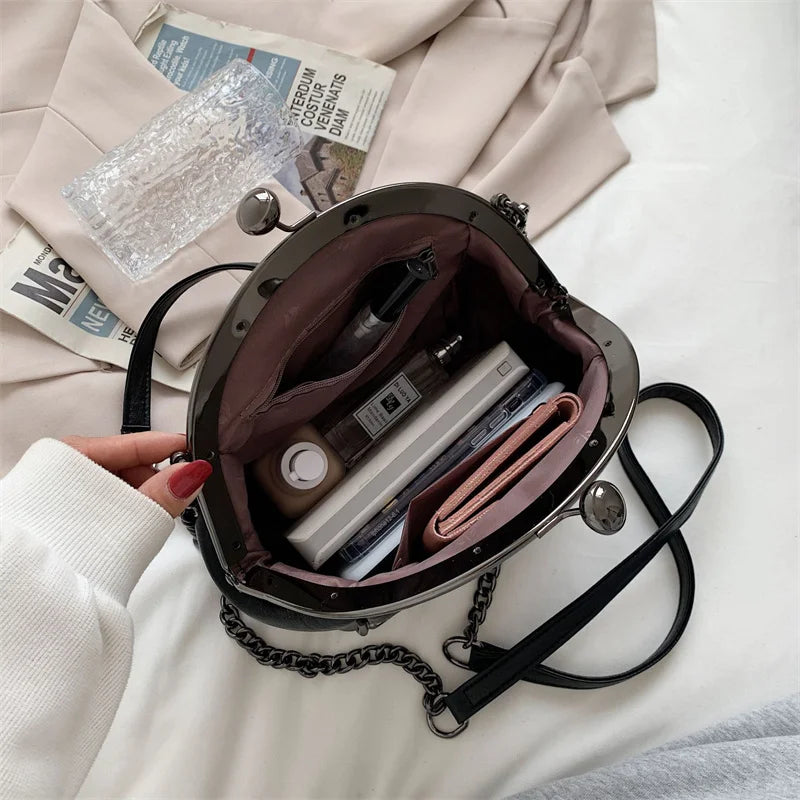Minimalist PU Leather Shoulder Bag with Chains Crossbody Messenger Lady Handbag
