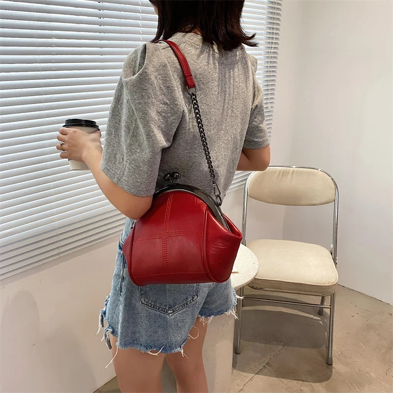 Minimalist PU Leather Shoulder Bag with Chains Crossbody Messenger Lady Handbag
