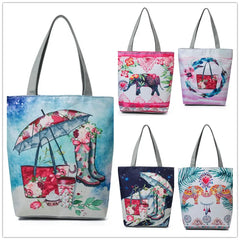 Miyahouse Floral & Umbrella Print Shoulder Bag Canvas Beach Tote Handbag