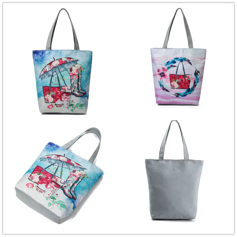 Miyahouse Floral & Umbrella Print Shoulder Bag Canvas Beach Tote Handbag