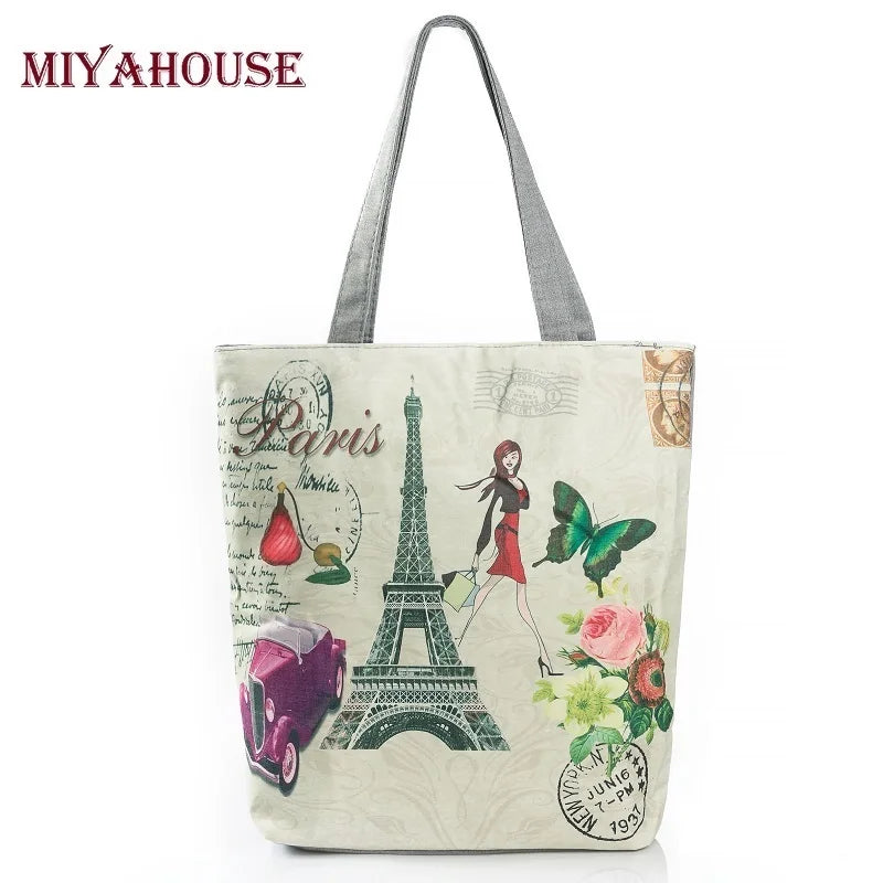Miyahouse Paris Tower Printed Canvas Beach Bag