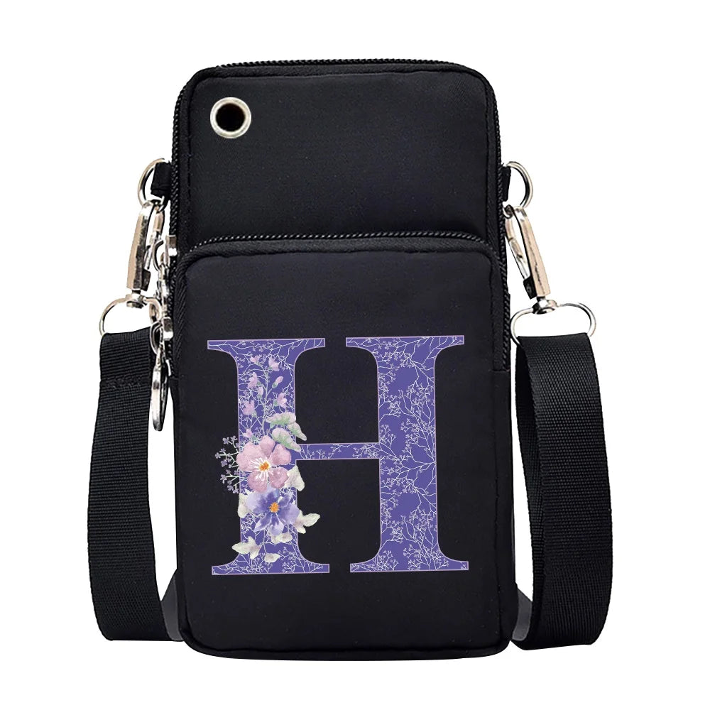 Purple Flower 26 Letters Shoulder Pouch for Samsung/iPhone/Huawei
