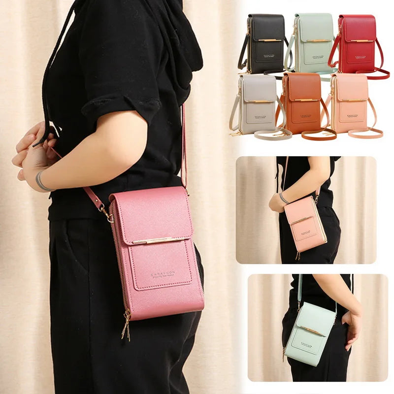 Women's Leather Crossbody Phone Bag Touch Screen Purse