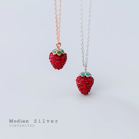925 Silver Strawberry Pendant Necklace Crystal Chain Link Necklaces
