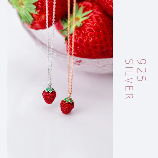 925 Silver Strawberry Pendant Necklace Crystal Chain Link Necklaces