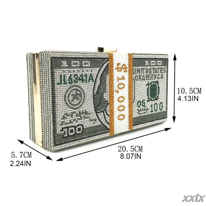Rhinestone Money Clutch 10000 Dollars Stack Evening Bag