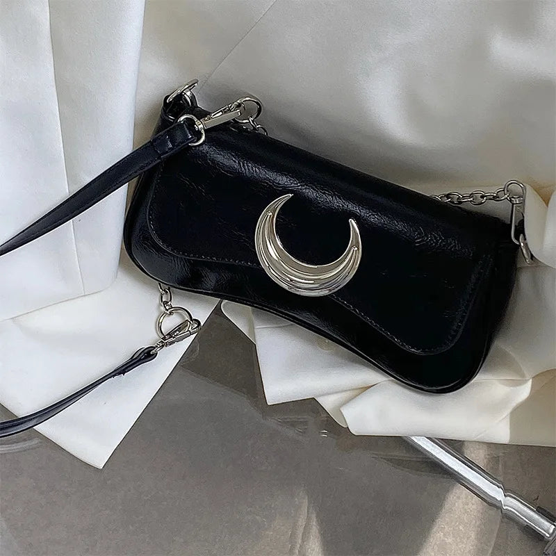 Moon Lock Shoulder Handbag Women Leather Underarm Bag