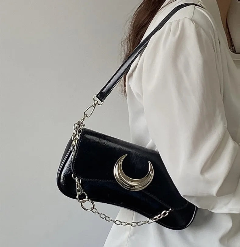 Moon Lock Shoulder Handbag Women Leather Underarm Bag