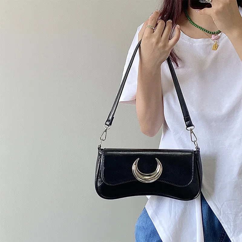 Moon Lock Shoulder Handbag Women Leather Underarm Bag