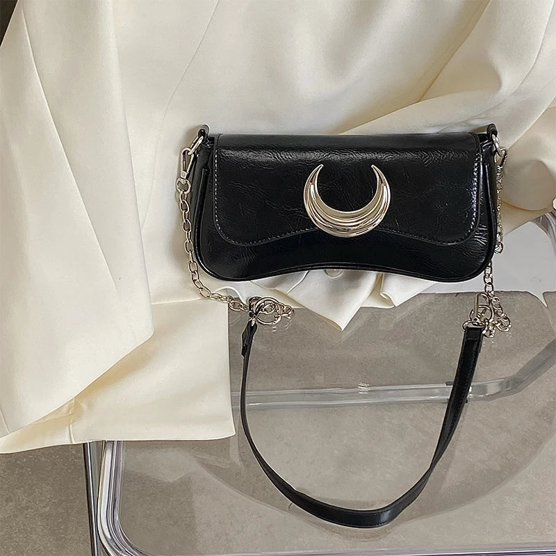 Moon Lock Shoulder Handbag Women Leather Underarm Bag
