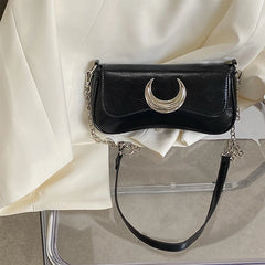 Moon Lock Shoulder Handbag Women Leather Underarm Bag