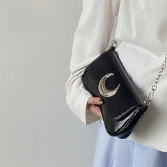 Moon Lock Shoulder Handbag Women Leather Underarm Bag