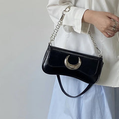 Moon Lock Shoulder Handbag Women Leather Underarm Bag