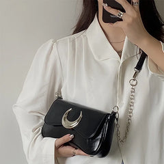 Moon Lock Shoulder Handbag Women Leather Underarm Bag