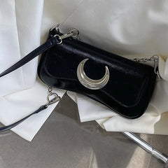 Moon Lock Shoulder Handbag Women Leather Underarm Bag