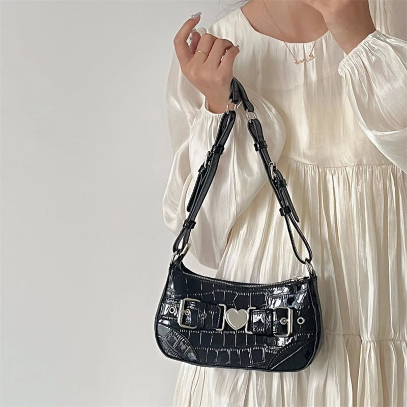 Crocodile Pattern Shoulder Bag with Metal Heart Detail