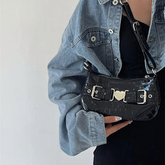 Crocodile Pattern Shoulder Bag with Metal Heart Detail