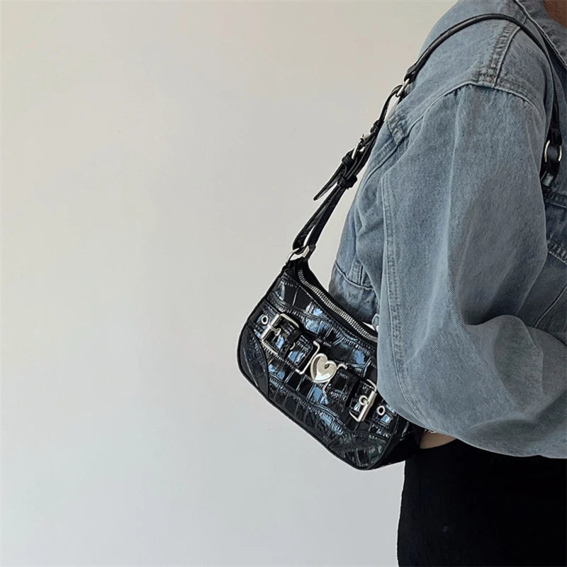 Crocodile Pattern Shoulder Bag with Metal Heart Detail