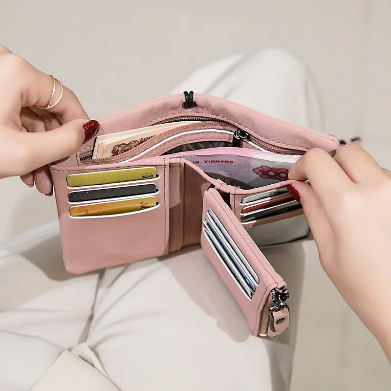 Women's Nubuck Leather Drawstring Wallet with Wrist Strap