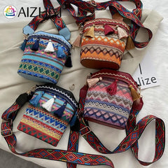 Ethnic Women Shoulder Bag Hand Woven Tassels Crossbody Bag Bohemian Small Bucket