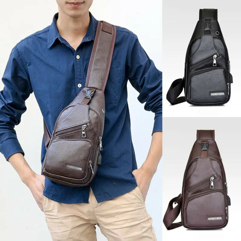 Men's PU Shoulder Bag Sling Chest Pack USB Charging Sports Crossbody Handbag