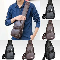Men's PU Shoulder Bag Sling Chest Pack USB Charging Sports Crossbody Handbag