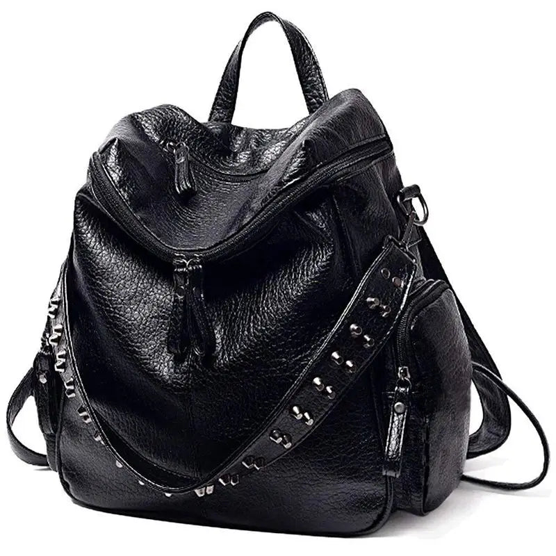 Women Backpack Purse PU Washed Leather Rivet Studded Shoulder Bag(Black)
