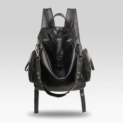 Women Backpack Purse PU Washed Leather Rivet Studded Shoulder Bag(Black)