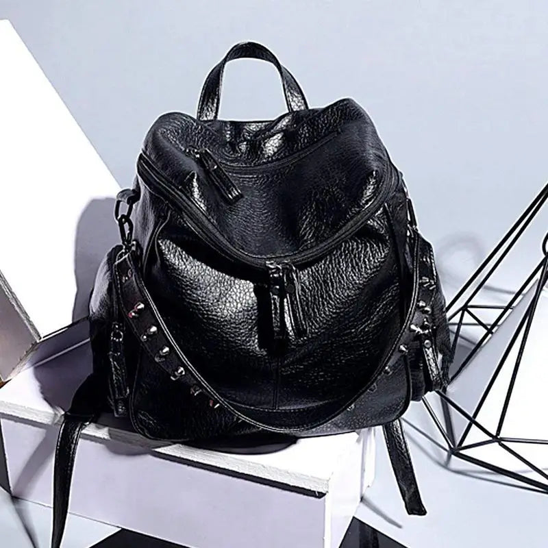 Women Backpack Purse PU Washed Leather Rivet Studded Shoulder Bag(Black)