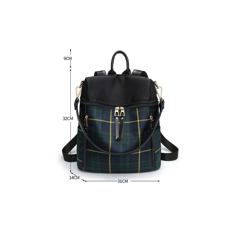 Women Plaid Nylon Travel Backpack Laptop School Bag