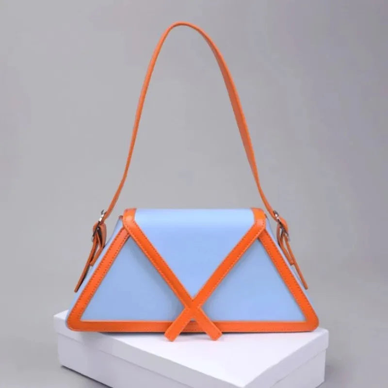 Women Contrast Trapezoid Handbag PU Leather Flap Shoulder Bag