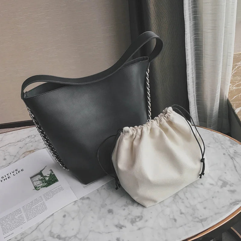 Large Capacity Chain Bucket Shoulder Bag PU Leather Totes Shopping Bag