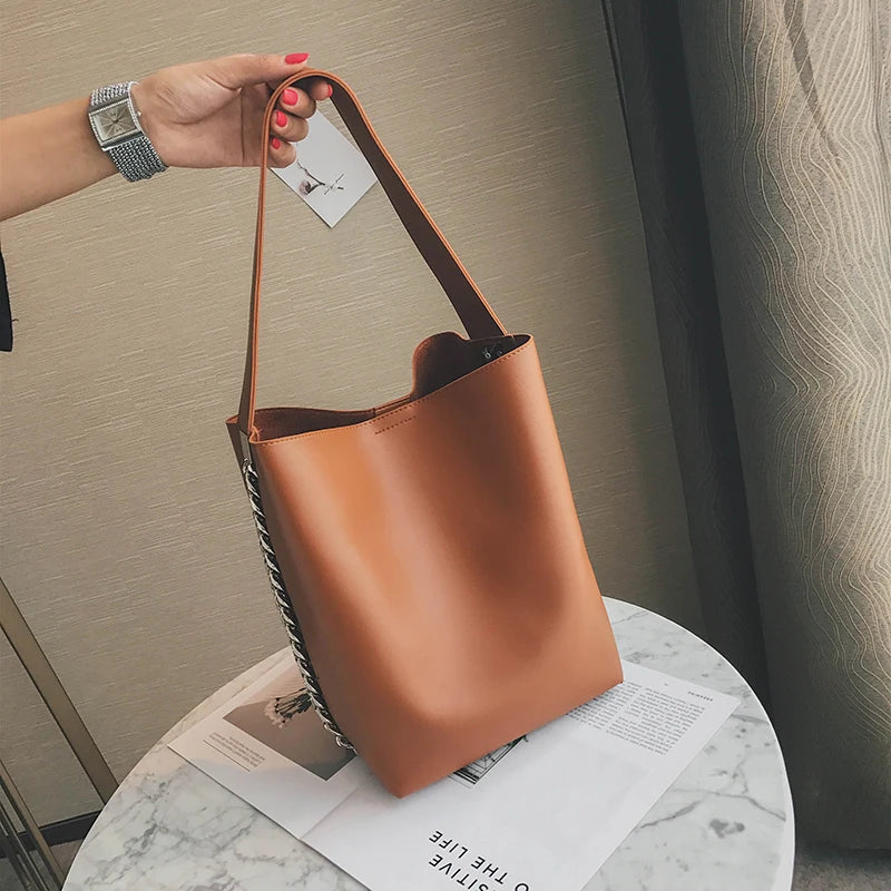 Large Capacity Chain Bucket Shoulder Bag PU Leather Totes Shopping Bag