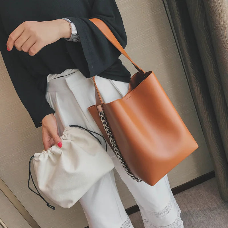 Large Capacity Chain Bucket Shoulder Bag PU Leather Totes Shopping Bag