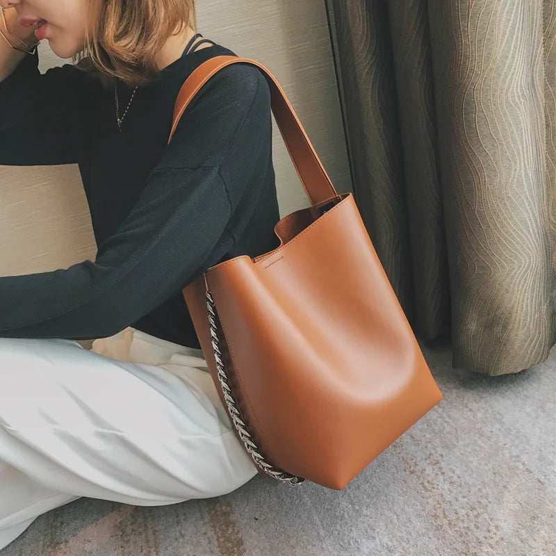 Large Capacity Chain Bucket Shoulder Bag PU Leather Totes Shopping Bag