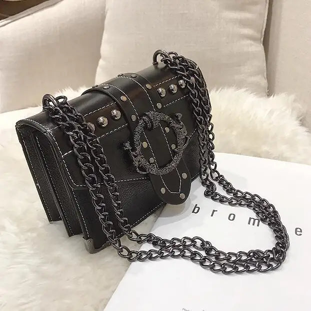 Square Bag PU Leather Women's Handbag Rivet Lock Chain Shoulder
