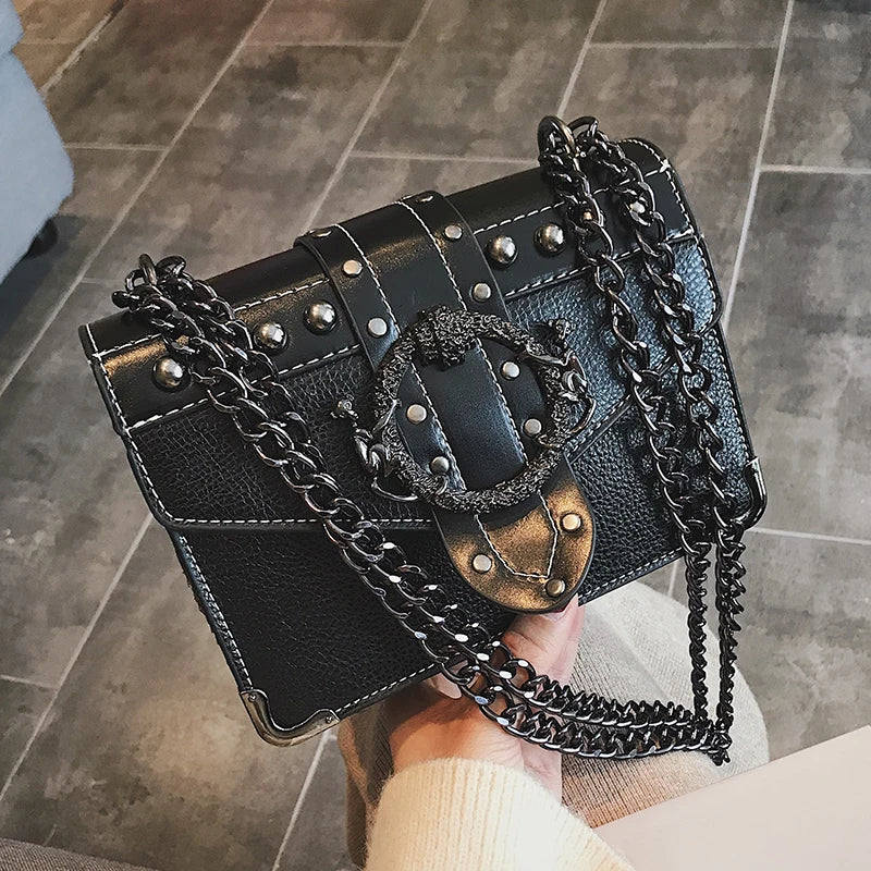 Square Bag PU Leather Women's Handbag Rivet Lock Chain Shoulder
