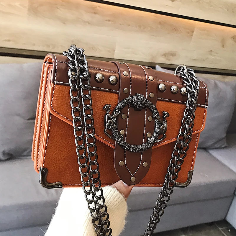 Square Bag PU Leather Women's Handbag Rivet Lock Chain Shoulder