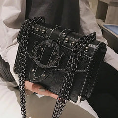 Square Bag PU Leather Women's Handbag Rivet Lock Chain Shoulder