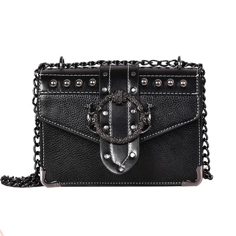 Square Bag PU Leather Women's Handbag Rivet Lock Chain Shoulder