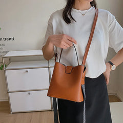 Women's Bucket Shoulder Bag PU Leather Tote Wide Strap Messenger