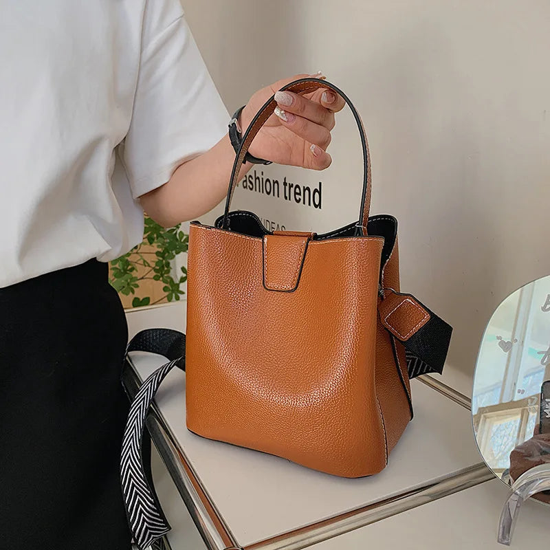 Women's Bucket Shoulder Bag PU Leather Tote Wide Strap Messenger