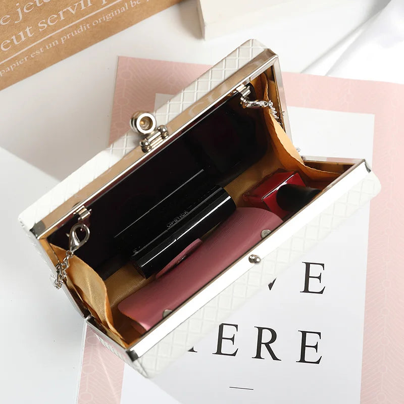 Women Small Flap Shoulder Bag Plaid Pu Chains Make Up Handbags Evening Bag