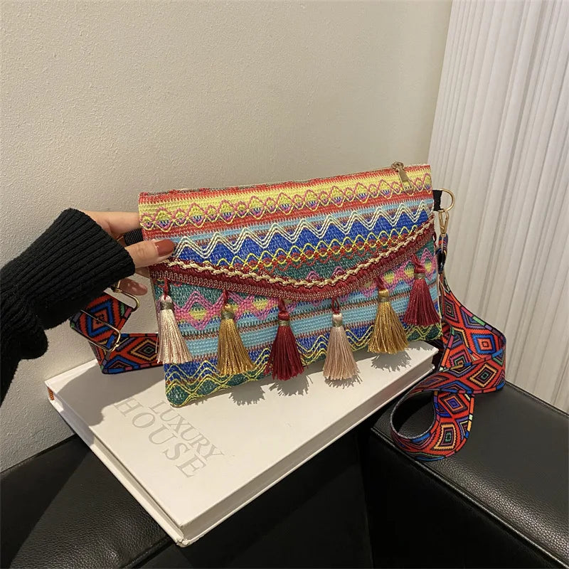 Vintage Crossbody Bag Envelope Handbag with Tassel Shoulder Strap