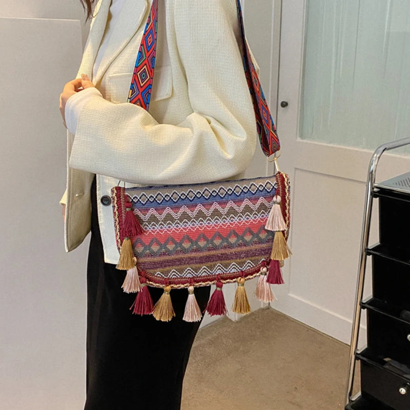 Vintage Crossbody Bag Envelope Handbag with Tassel Shoulder Strap